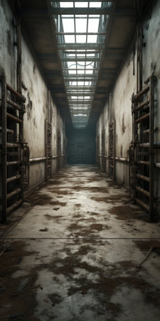 a hallway with no windows showcases a dirty, dirt-covered floor in this realistic and detailed rendering. the industrial horror and imaginative prison scenes are brought to life in this uhd image. the brown and aquamarine color scheme adds to the atmospheric landscapes, while the aerial view provides a unique perspective. ai generatedの素材