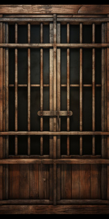 prison door with bars and wood door-shaped bars, featuring richly detailed backgrounds, dark and foreboding colors, contrasting lights and darks, clear edge definition, texture-rich surfaces, and soft-edged, figuratively textured elements. ai generatedの素材