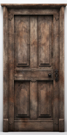antique wooden door on an old white wall, featuring a realistic and hyper-detailed rendering. the gothic dark and moody style, reminiscent of john tenniel's work, adds an intriguing atmosphere. created using daz3d, the door showcases a densely textured and haptic surface. the wallpaper surrounding it complements the brown and black tones, enhancing the overall aesthetic. ai generatedの素材