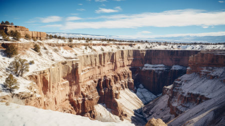 a hyperrealistic photograph of a snowy desert landscape captured with a single-lens reflex (slr) camera, kodak film, and a 50mm lens. the composition showcases a vast cliff under a pale blue sky, adorned with a delicate layer of snow. the muted tones and vintage texture of the kodak film add an artistic quality to the image, while the 50mm lens highlights the intricate details ofの素材