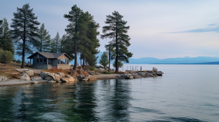 a stunning water villa in lake tahoe is available for rent. this atmospheric and moody landscape photo captures the essence of romanticized country life. the uhd image showcases the beautiful light indigo and dark amber hues, as well as the light emerald and gray tones. with a tonalist style and a focus on nature studies, this photo is a true visual delight. ai generatedの素材