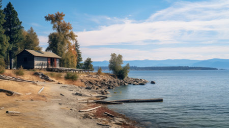 a wooden log cabin, styled in light crimson and turquoise, sits by the side of a serene lake. the cabin exudes a majestic presence against the sweeping seascapes. its rough hewn surfaces and kintsugi-inspired design add a unique touch. the selective focus captures the essence of this picturesque scene, reminiscent of the works of granville redmond. ai generatedの素材