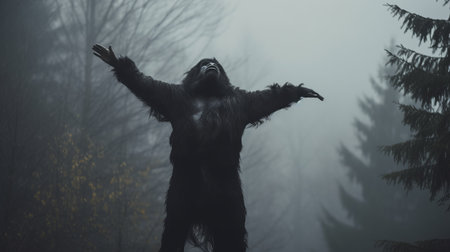 a vibrant, full-color gorilla gracefully levitates in a wintery forest engulfed in a foggy atmosphere. the tall gorilla stands out amidst the monotone and dull surroundings, creating a captivating contrast. this delicate and ethereal pose, captured through film photography, adds a touch of enchantment to this magazine editorial photoshoot by hasselblad. ai generatedの素材