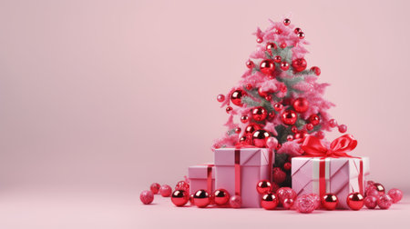 a christmas tree adorned with pink ornaments and presents, showcasing a modernist-inspired style rendered using octane render. the tree features a textured surface in light pink and red hues, exuding a smooth and shiny appearance. the design draws inspiration from minimalist purity and was created using zbrush. ai generatedの素材