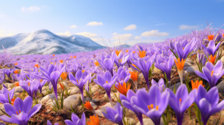a field of vibrant purple flowers stretches out before majestic mountains in the background. this stunning scene, created in the style of zbrush, showcases a realistic usage of light and color. the light orange and light blue hues add a touch of warmth and serenity to the hyper-detailed and realistic renderings. captured with a macro lens, the groundcore of the flowers is brought to life,の素材