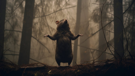 tall rat floating in foggy winter forest - this captivating photo captures an exceptionally tall rat gracefully levitating amidst a misty, monochromatic forest. the rat stands out vividly with its vibrant colors, creating a striking contrast against the dull surroundings. shot on film with a hasselblad camera, this delicate and ethereal pose adds a touch of enchantment to this magazine editorial photoshoot. ai generatedの素材