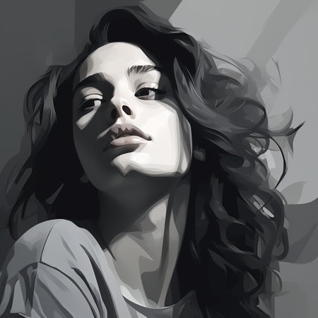 a portrait painting of a woman with curly hair, showcasing monochrome toning and digital art techniques. the low-angle perspective adds depth to the dark gray background, while the flowing brushwork creates a sense of movement. the light-filled scenes bring a luminous quality to the artwork, resulting in a fluid and loose depiction of the subject. ai generatedの素材