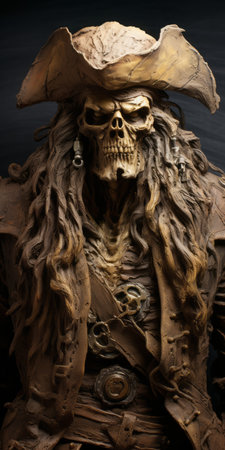 pirate skeleton statue made of clay and painted in a detailed atmospheric portrait style. created by a wood sculptor, this close-up image showcases the disintegrated appearance of the statue, with layered fibers and a brown color palette. the statue's design is influenced by the angura kei aesthetic. ai generatedの素材