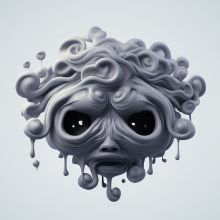 3d animated figure with voodoo head, showcasing monochromatic expressionism style. the figure is adorned with water drops, incorporating elements of rococo-inspired art and childlike illustrations. the spray painted realism adds depth to the soft and rounded forms, all rendered in shades of gray. ai generatedの素材