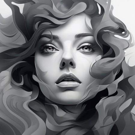a portrait of a woman with big, black hair, captured in a monochrome palette. this hyper-realistic water illustration showcases energy-filled details, creating a uhd image. the art nouveau-inspired style adds a touch of elegance to the serene expression on the woman's face. ai generatedの素材