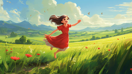 a vibrant meadow with a spirited crocodile and a radiant little girl in a red dress. the girl's laughter echoes through the landscape as she chases behind, her crimson skirt swirling. golden-yellow flowers bloom around her, while the blue sky dotted with wispy clouds watches over her. wind turbines in the horizon blend technology with nature. rendered in disney animation style, this artwork captures theの素材