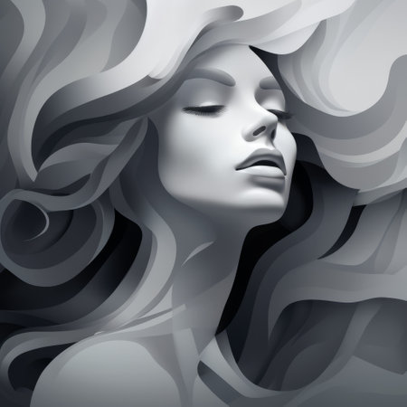 a woman's windy hair is beautifully captured in this elegant image, showcasing monochromatic graphic design with fluid blending forms. the realistic lighting enhances the dark white and gray tones, creating a serene atmosphere. the woman's face appears serene, while her hair appears lush and detailed, with a smooth and shiny texture. ai generatedの素材