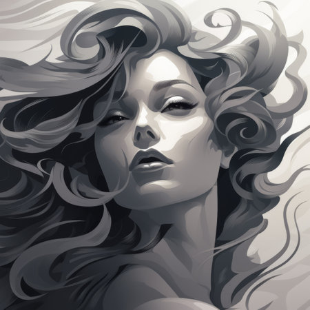 a black and white portrait of a woman with futuristic chromatic waves, showcasing romantic illustrations and a rich tonal palette. the artwork is reminiscent of airbrush art, featuring a high-angle perspective. the woman's beauty is highlighted in a caricature-like manner. ai generatedの素材