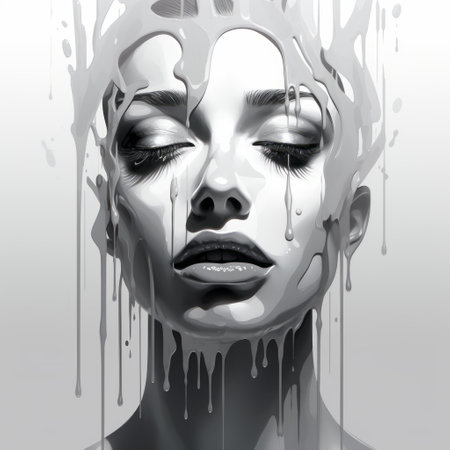 a woman, drenched in dripping water, is depicted in this highly detailed illustration. the monochrome palette, with shades of silver and gray, enhances the realistic forms and adds depth to the image. the paint dripping technique adds an artistic touch, while the woman's strong facial expression conveys a sense of intensity. the overall effect is a polished metamorphosis captured in a single frame. ai generatedの素材