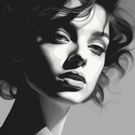 a woman with curly hair is depicted in this monochrome portrait. the black background enhances the realistic style of the painting, while the smooth lines and bold shadows create a striking effect. the artist's use of a white and gray palette adds to the art deco-inspired aesthetic. the woman's gentle expressions add a touch of elegance to the overall composition. ai generatedの素材