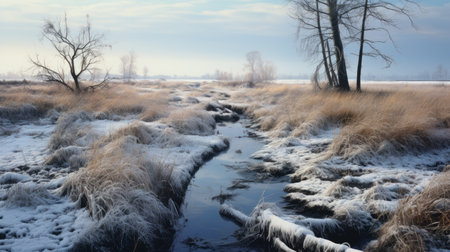 a hyperrealistic photograph of a swamp with snow-covered ground and a pale blue sky. the image captures the coldness and beauty of the scene, with subtle, muted tones and a vintage feel. expertly captured using an slr camera, kodak film, and a 50mm lens, the photograph showcases the intricate details of the glacier and the serene, wintry atmosphere. ai generatedの素材