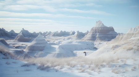 a hyperrealistic photograph of badlands beneath a pale blue sky, adorned with a delicate layer of snow. expertly captured using an slr camera, kodak film, and a 50mm lens, the image showcases subtle, muted tones and a vintage feel. the 50mm lens frames the scene with precision, highlighting intricate details and the serene, wintry atmosphere of the glacier. ai generatedの素材