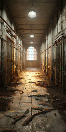 a prison cell with broken windows is captured in this eerily realistic photograph. the image showcases an apocalypse landscape with a golden light, creating a haunting atmosphere. the realistic and hyper-detailed renderings bring out the classical and historical genre scenes, while also highlighting the realistic cityscape. the vray tracing technique adds depth and authenticity to the overall composition. ai generatedの素材