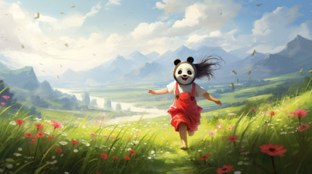 a vibrant meadow with a spirited panda and a radiant little girl in a red dress. the girl's laughter echoes through the landscape as she chases behind, her crimson skirt swirling. golden-yellow flowers bloom around her, while the blue sky and wispy clouds provide a protective blanket. wind turbines in the horizon blend technology with nature. rendered in disney animation style, this artwork captures theの素材