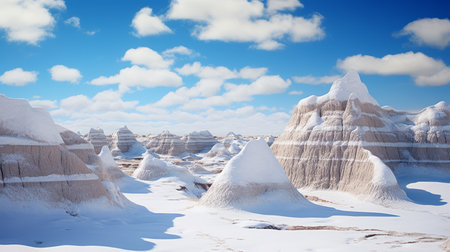 a hyperrealistic photograph of badlands under a pale blue sky, adorned with a delicate layer of snow. expertly captured using an slr camera, kodak film, and a 50mm lens, the image showcases subtle, muted tones and a vintage feel. the 50mm lens highlights intricate details and the serene, wintry atmosphere. ai generatedの素材