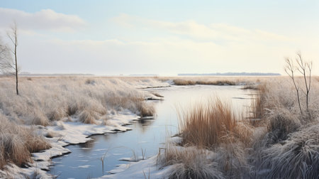 a hyperrealistic photograph of a wetland landscape under a pale blue sky, adorned with a delicate layer of snow. expertly captured using an slr camera, kodak film, and a 50mm lens, the image showcases subtle, muted tones and a vintage feel. the precise framing highlights intricate details and the serene, wintry atmosphere. ai generatedの素材