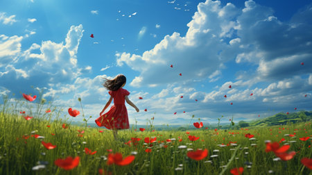 a radiant little girl in a vibrant red dress joyfully chases a spirited butterfly in a vast, vibrant meadow. her laughter echoes with youthful exuberance as her crimson skirt swirls with each step. golden-yellow flowers bloom around her, harmoniously blending with the pristine blue sky dotted with wispy clouds. towering wind turbines in the horizon epitomize the blend of technology and nature. this whimsical sceneの素材