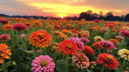 a field of vibrant dahlia flowers blooms under the morning sun, showcasing a richly colored sky. the picturesque scene captures the essence of mingei and romanticized country life, with its vibrant color combinations of light bronze and orange. ai generatedの素材