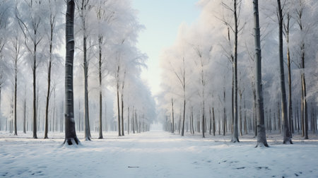 a hyperrealistic photograph of a snowy forest captured with a single-lens reflex (slr) camera, kodak film, and a 50mm lens. the composition showcases a vast expanse of trees under a pale blue sky, with a delicate layer of snow on the ground. the muted tones and vintage texture of the kodak film add an artistic touch to the image, while the 50mm lens captures theの素材