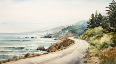 a watercolor painting of a curvilinear road leading along the ocean, capturing the essence of realistic landscapes with soft, tonal colors. this artwork is inspired by precisionist art, new topographics, and romanticized depictions of wilderness. created using a hasselblad h6d-400c, this piece beautifully merges the tranquility of the ocean with the allure of the wilderness. ai generatedの素材