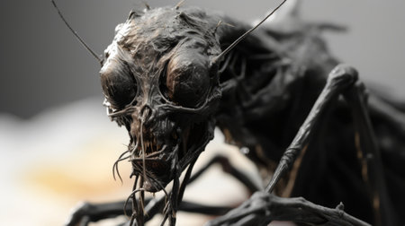 a bug with a swarm of wings on its body, resembling filthy sculptures, is captured in this detailed atmospheric portrait. the image showcases firecore elements and realistic hyper-detail, reminiscent of the works of rolf nesch and alberto giacometti. this uhd image beautifully captures the intricate features of the bug and its mesmerizing wing formation. ai generatedの素材