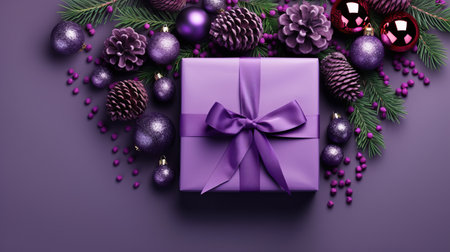 a purple christmas present surrounded by gifts and cones is showcased on a vibrant purple background. this hyper-detailed rendering features realistic textures and a rich color palette. packed with hidden details, this contest-winning, ultra-high-definition image captures the beauty of the holiday season. ai generatedの素材
