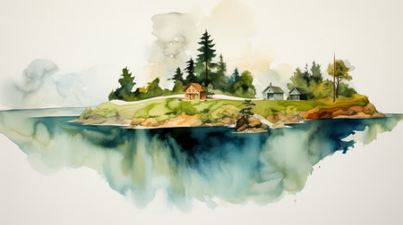 a high-resolution watercolor graphic depicting an aerial view of a house and trees in a serene landscape. inspired by the calm waters and lively coastal landscapes, this artwork is created in the style of elizabeth gadd and patrick brown, using ink wash techniques. ai generatedの素材