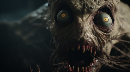 creature with eye and open mouth in a scary scene, featuring natural color grading with gritty, desaturated tones. the wide perspective shot, enhanced by studio lighting, creates a sense of mystery and the unknown. this cinematic visual style, reminiscent of a gritty horror film, is directed by christopher nolan. ai generatedの素材