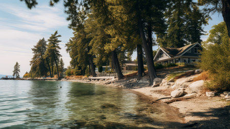 a photo of a lake tahoe beach during summer, featuring cabins and a home. the image is captured in the style of a graflex speed graphic camera, with a detailed foliage backdrop. the screenshot, taken on a playstation 5, showcases eerily realistic and photorealistic detailing. the historical imagery creates a rich and immersive experience. ai generatedの素材