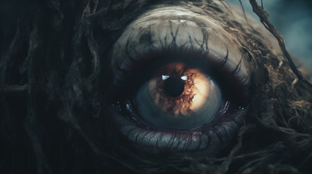 creature with eye and open mouth in a scary scene, featuring natural color grading with gritty, desaturated tones. the wide perspective shot, enhanced by studio lighting, creates a sense of mystery and the unknown. this cinematic visual style, reminiscent of a horror film directed by christopher nolan, adds to the eerie atmosphere. ai generatedの素材