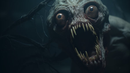 creature with eye and open mouth in a scary scene, featuring natural color grading with gritty, desaturated tones. the wide perspective shot, enhanced by studio lighting, creates a sense of mystery and the unknown. this cinematic visual style, reminiscent of horror films directed by christopher nolan, adds to the eerie atmosphere. ai generatedの素材