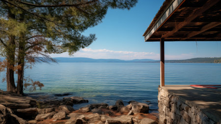 lake view from stone house overlooking rocks, captured with sigma 105mm f/1.4 dg hsm art lens. uhd image showcases the mediterranean-inspired scenery, embracing the cabincore aesthetic. ai generatedの素材
