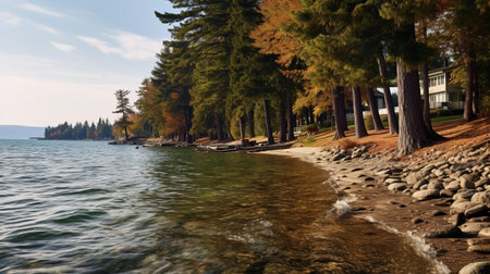 a group of individuals can be seen standing on the water near a house in this rendered image, reminiscent of the romanticized depictions of wilderness found in california plein air paintings. the scene is characterized by dark beige and amber tones, creating a forestpunk aesthetic. the level of detail is incredibly realistic, thanks to the use of daz3d software. ai generatedの素材