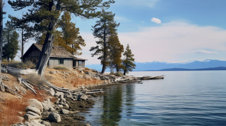 a cabin nestled amidst a serene forest, with rugged stones lining the snowy shores of a tranquil lake. this captivating photograph captures the essence of california plein air, showcasing the beauty of nature in its calmest form. taken in 32k uhd resolution, this national geographic photo exhibits a unique solarization effect, lending a painterly quality to the scene. ai generatedの素材