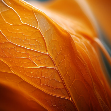 an orange leaf portrait captured by brendan kelton showcases artful techniques with a romantic soft focus and ethereal light. the image features trompe-l'oeil folds, highlighting the intricate details of the leaf. shot on a sony fe 12-24mm f/2.8 gm lens, this nature-inspired art nouveau piece exhibits a golden palette and a textured surface, creating a captivating visual experience. ai generatedの素材