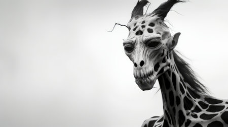 a black and white image showcases a surrealistic, post-apocalyptic style featuring a giraffe. the 8k 3d rendering highlights exaggerated facial features and body art, creating a unique and captivating visual. the minimalistic portrait captures the essence of the giraffe, while the painted illustrations and human sculptures add an artistic touch to the composition. ai generatedの素材
