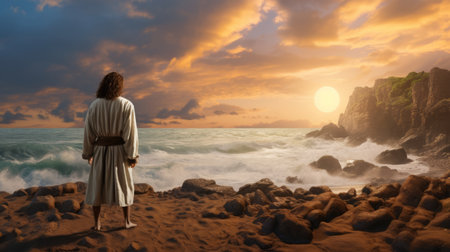 jesus christ stands by the beach at sunset in ephesus, portrayed in the style of lucid developments of his subjects. this realistic genre scene captures the serene atmosphere of the ocean academia, with symbolic images and stormy seascapes. the artwork, known as "desertwave," showcases jesus in full body, radiating a sense of peace and spirituality. ai generatedの素材