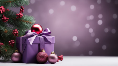 a christmas present with red and purple ribbon, adorned with purple ornaments, sits alongside a wreath and other christmas gifts. the items are isolated on a grey background, providing ample copy space. the photo has a bokeh style, with a subdued color palette of light purple and light crimson. it is digitally enhanced, featuring a matte finish and sleek metallic accents. this creative commons attributionの素材