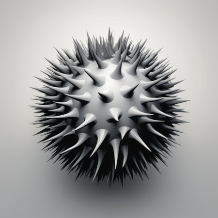 3d model of spike fungus on white background, featuring futuristic abstract style. this sharp and prickly sculpture showcases abstract minimalism, with spherical shapes and spiky mounds. the dark gray, matte photo captures the unique texture and form of this intriguing artwork. ai generatedの素材
