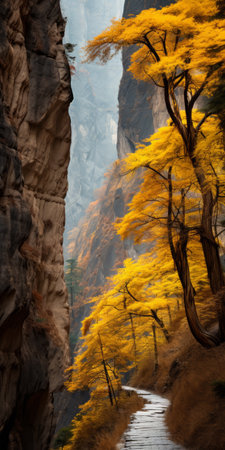 a yellow tree stands gracefully beside a blue-gray rock, reminiscent of traditional chinese landscape paintings. this national geographic photo captures the enchanting beauty of nature with its dark emerald hues and hints of light amber. the fantastic landscapes and mysterious backdrops create a captivating passage into a world of nature-inspired motifs. ai generatedの素材