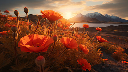 orange flowers in bloom create a dramatic landscape in this photo, showcasing the beauty of nature. the terragen style adds depth and contrast to the image, while the softbox lighting enhances the vibrant colors. this epic landscape, captured in the heistcore genre, is a stunning example of wildlife photography. ai generatedの素材
