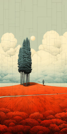 a photo of a picturesque field with three trees, surrounded by an abundance of clouds. the artistic style of james bullough, emiliano ponzi, and mark briscoe is evident in this image, with its precise and detailed architecture paintings. the use of light red and azure colors adds depth and vibrancy. the perspective rendering and puzzle-like elements make this photo truly captivating. ai generatedの素材