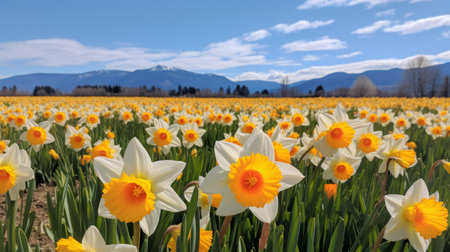 daffodils blooming in front of a mountain range, showcasing a picturesque scene with vibrant colors. the flowers are a mix of light white and light orange, creating emotive fields of color. the composition follows the style of the vancouver school, with a combination of light yellow and light crimson. this image represents environmental awareness, depicted through the harmonious blend of light yellow and light blue.の素材