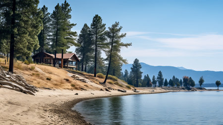lake tahoe shoreline luxury resort cabin captured in the style of zeiss batis 18mm f2.8 lens. this charming and idyllic rural scene showcases the calm waters of lake tahoe, with a light sky-blue and dark beige color palette. the sony fe 85mm f1.4 gm lens beautifully captures the details of this australian landscape in stunning 32k uhd resolution. ai generatedの素材