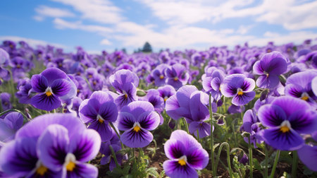 a stunning field of vibrant lavender flowers stretches out under a clear sky, showcasing a grandiose color scheme reminiscent of the iconic style of peter saville. the violet and emerald hues create a mesmerizing display of vibrant coloration, evoking a sense of flower power. this captivating scene captures the essence of the iconic ferrania p30 film. ai generatedの素材